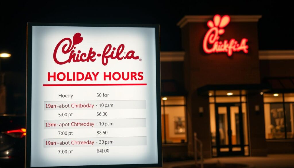 A beautifully lit, high-resolution image of a Chick-fil-A restaurant's holiday hours schedule displayed on a large, illuminated sign. The sign is situated in the foreground, with a warm, inviting ambiance created by the soft lighting and the backdrop of the restaurant's exterior. The schedule showcases the special operating hours for major holidays, presented in a clear, easy-to-read format. The overall composition conveys a sense of professionalism and attention to detail, reflecting the restaurant's commitment to providing excellent customer service during the holiday season.