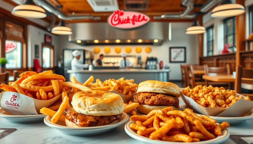 A bright and inviting diner scene with a rustic, homey ambiance. In the foreground, a spread of Chick-fil-A breakfast favorites - golden waffle fries, fluffy biscuits, crispy hash browns, and delectable chicken sandwiches. The middle ground features an open kitchen, with chefs skillfully preparing the dishes under warm, natural lighting. In the background, cozy wooden tables and chairs set the stage for a relaxed morning meal. The overall atmosphere evokes a sense of comfort and indulgence, perfectly capturing the essence of Chick-fil-A's beloved breakfast menu.