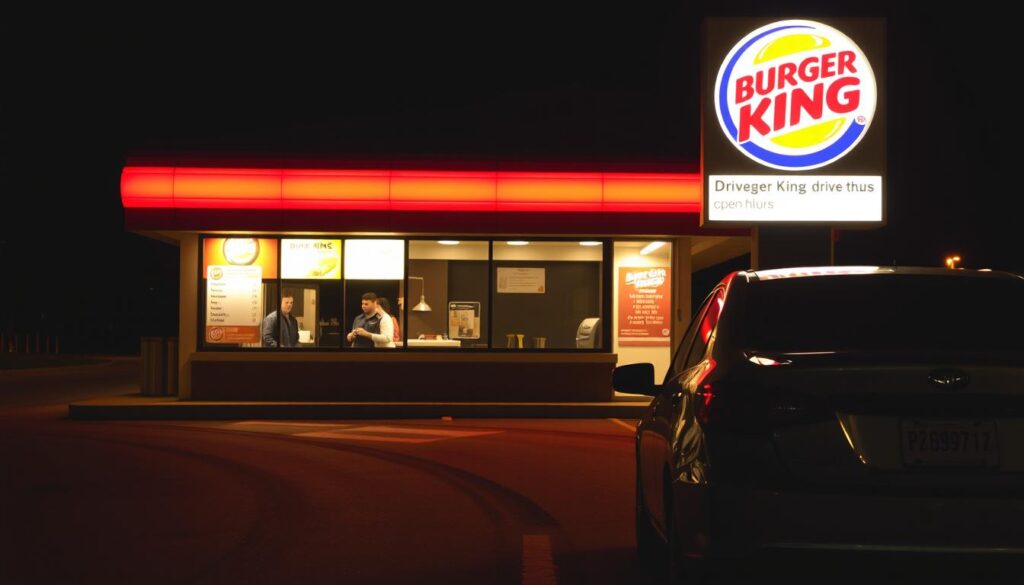 A brightly lit Burger King drive-thru at night, with a large menu board illuminated against a dark sky. The drive-thru lane winds through the parking lot, leading to an open window where a friendly employee waits to take orders. Warm lighting from the restaurant's interior spills out, creating a cozy, inviting atmosphere. The drive-thru is well-marked with signage, indicating operating hours and any special services available. The scene conveys a sense of convenience and efficiency, perfectly capturing the essence of a Burger King drive-thru experience.