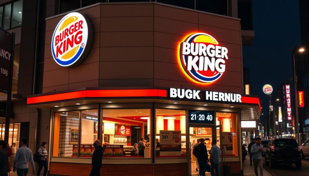 A brightly lit Burger King restaurant exterior, showcasing the iconic red and yellow logo and signage. The building is surrounded by a bustling urban landscape, with pedestrians and vehicles visible in the background. The prompt should capture the lunch hour atmosphere, with customers visible entering and exiting the restaurant, and a focus on the restaurant's operating hours displayed prominently on the storefront. Burger King restaurant exterior in a bustling urban setting, with the iconic red and yellow branding prominently featured. Customers can be seen entering and exiting the establishment, reflecting the lunchtime rush. The restaurant's operating hours are clearly visible on the storefront, illuminated by warm, natural lighting.