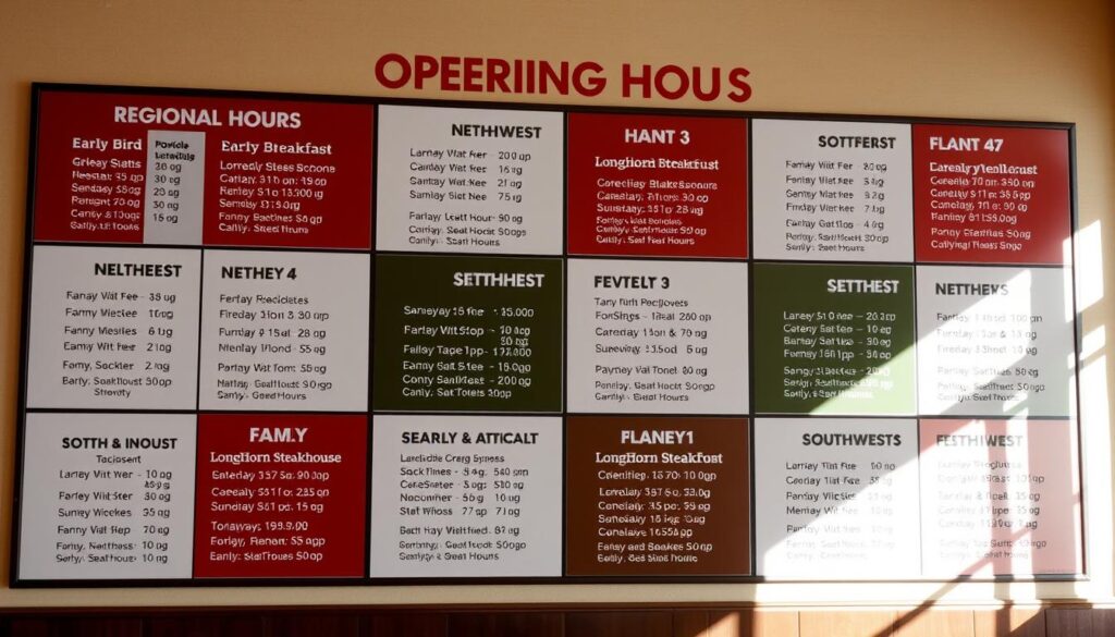 A brightly lit, high-resolution photo of a collage showcasing the regional variations in operating hours for LongHorn Steakhouse locations. The collage features multiple panels, each displaying a different schedule for a specific geographic region, from the early bird breakfast hours in the northeast to the late-night dining options in the southwest. The panels are arranged in a visually striking grid, with clean typography, bold colors, and minimalist icons to convey the information clearly and concisely. The overall composition is balanced, with a sense of symmetry and attention to detail, reflecting the professionalism and consistency of the LongHorn Steakhouse brand. The lighting is natural and diffused, creating a warm, inviting atmosphere that enhances the visual appeal of the image.