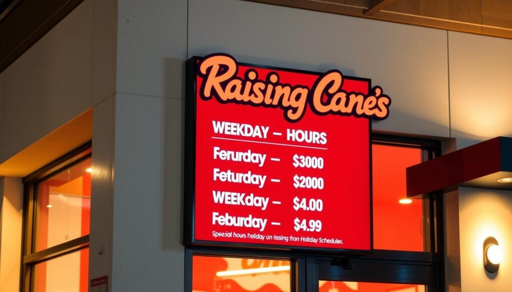 A brightly lit, high-resolution signage display showcasing the location-specific hours of operation for a Raising Cane's restaurant. The signage is mounted on a clean, contemporary storefront with a minimalist architectural design. The display features a bold, easy-to-read typography highlighting the weekday and weekend hours, as well as any special holiday schedules. The lighting is warm and inviting, creating a welcoming atmosphere. The composition is balanced, with the signage as the focal point, surrounded by a subtle, blurred background that emphasizes the importance of the location-specific information. The image conveys a sense of professionalism and attention to customer service.