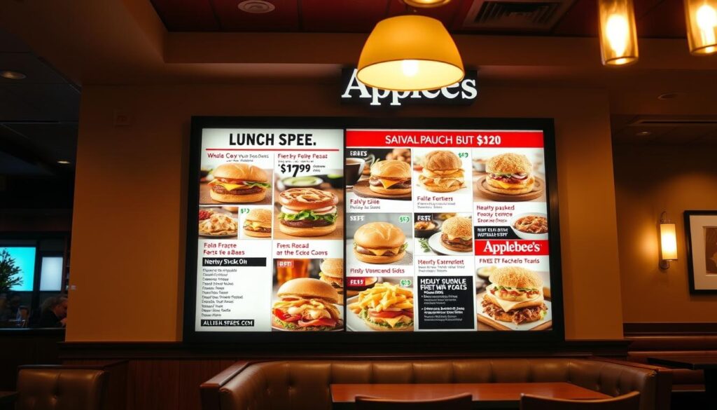 A brightly lit, modern Applebee's restaurant interior with a prominently displayed menu board showcasing a variety of lunch specials and deals. The menu features high-quality food photography highlighting various value-packed meals, from classic burgers and sandwiches to hearty entrees and sides. The scene is bathed in warm, inviting lighting that casts a cozy, welcoming atmosphere. The camera angle is slightly elevated, providing a clear, unobstructed view of the menu and the overall dining space. The background features subtle details like wood paneling, comfortable booth seating, and other stylish accents that evoke the casual-dining ambiance of an Applebee's restaurant.