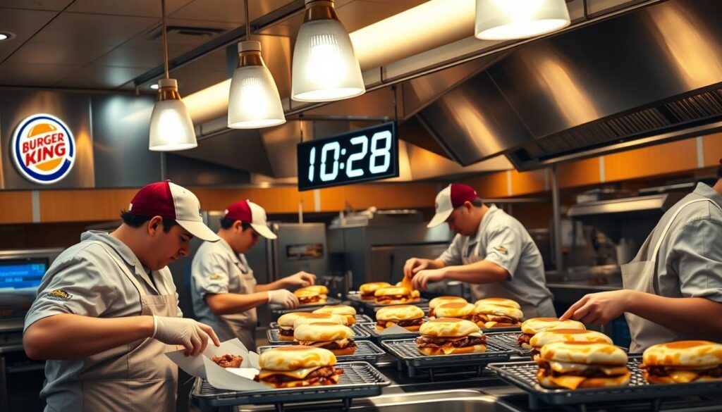 A bustling Burger King kitchen at the height of breakfast service, with line cooks expertly assembling Egg McMuffin-style sandwiches under the warm glow of overhead lighting. Stainless steel appliances gleam, while the air is thick with the aroma of sizzling bacon and hash browns. In the background, a digital clock display shows 10:28 AM, emphasizing the time crunch as the breakfast menu cutoff approaches. The scene conveys the frenzied, high-pressure nature of commercial food service, the precision and discipline required to maintain Burger King's signature breakfast operations.