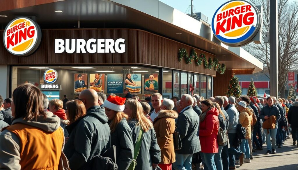 A bustling Burger King restaurant during the holiday rush, with a crowd of customers patiently waiting in line. The scene is captured from a slightly elevated angle, providing a panoramic view of the scene. The lighting is bright and natural, highlighting the vibrant colors of the restaurant's signature decor. The foreground features the line of customers, each represented by distinct figures with varying poses and expressions, conveying a sense of anticipation and excitement. In the middle ground, the restaurant's staff can be seen efficiently managing the flow of customers, maintaining a calm and organized atmosphere. The background showcases the restaurant's exterior, with festive holiday decorations adding to the celebratory ambiance. The overall mood is one of a well-orchestrated holiday operation, with the crowd managed effectively to ensure a smooth and enjoyable customer experience.