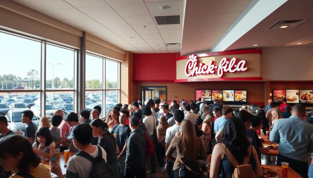 A bustling Chick-fil-A restaurant during the peak lunch rush hour. The scene depicts a crowded dining area with customers eagerly lining up to order from the well-staffed counter. The lighting is bright and natural, streaming in through large windows that offer a view of the packed parking lot outside. The atmosphere is lively and energetic, with the hum of conversation and the sizzle of freshly-prepared food. The camera angle is slightly elevated, capturing the full scope of the busy lunch service as patrons of all ages enjoy their Chick-fil-A meals.