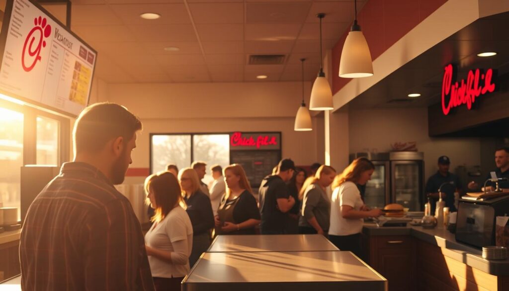 A bustling Chick-fil-A restaurant interior, bathed in warm, golden morning light. In the foreground, a customer stands at the counter, studying the menu board overhead, pondering their breakfast options. The middle ground features a line of patrons patiently waiting their turn, their faces alight with anticipation. In the background, the kitchen hums with activity, with servers efficiently preparing and delivering freshly made breakfast items. The scene conveys the familiar, friendly atmosphere of a Chick-fil-A location, where customers can easily navigate the various ordering methods to start their day with a delicious breakfast.