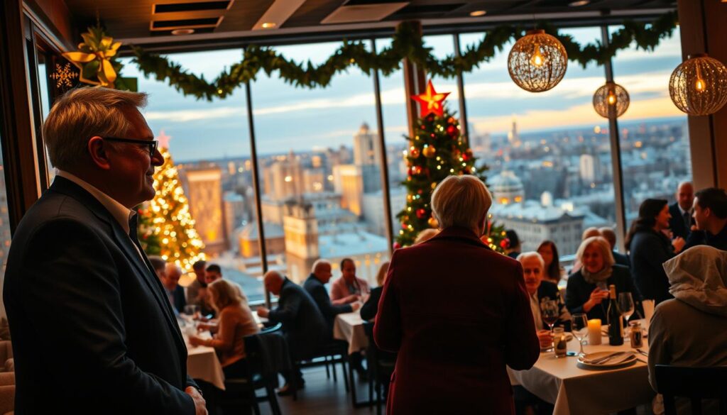 A bustling Christmas Day restaurant scene, captured with a wide-angle lens. In the foreground, a welcoming host greets guests at the entrance, their faces filled with holiday cheer. The middle ground showcases the restaurant's cozy interior, with families and friends gathered around festively decorated tables, savoring their holiday meals. In the background, a panoramic view of the city skyline, bathed in a warm, golden glow from the setting sun. The lighting is soft and inviting, creating a festive and celebratory atmosphere. The overall mood is one of comfort, joy, and the spirit of the holiday season.