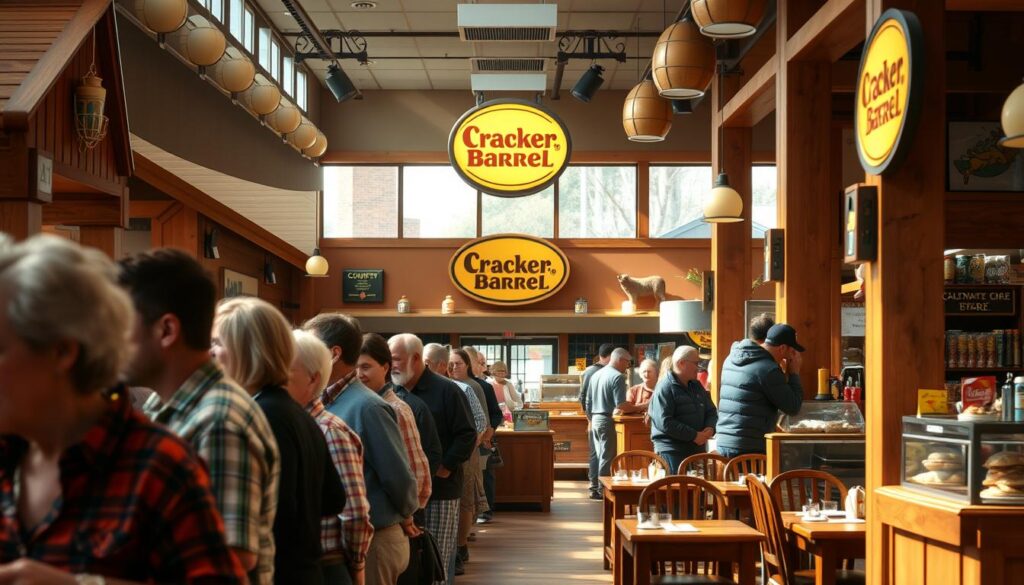 A bustling Cracker Barrel restaurant during peak lunch hours. In the foreground, a line of customers patiently waiting to be seated, their faces reflecting a mix of anticipation and hunger. The middle ground features the warm, rustic interior, with wooden furniture, kitschy decor, and the familiar Cracker Barrel logo prominently displayed. The background showcases the restaurant's well-stocked country store, enticing passersby with its charming array of souvenirs and homemade treats. The scene is illuminated by a soft, natural lighting that filters in through the large windows, creating a cozy and inviting atmosphere. The overall composition conveys the lively energy and enduring popularity of this beloved Southern-style eatery during its busiest midday service.