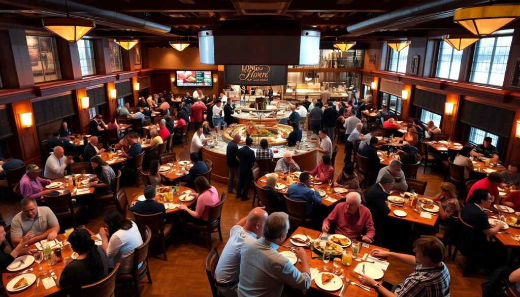 A bustling LongHorn Steakhouse dining room during peak hours, lit by warm, soft lighting that casts a cozy ambiance. Patrons seated at well-appointed tables enjoy hearty meals, their lively chatter and the clink of glassware creating a lively atmosphere. The scene captures the vibrant energy of the restaurant's most popular dining times, with a focus on the central serving area and the open kitchen where chefs skillfully prepare signature dishes. The perspective provides a panoramic view, highlighting the restaurant's inviting decor and comfortable seating arrangements that accommodate the influx of customers seeking a satisfying lunch experience.