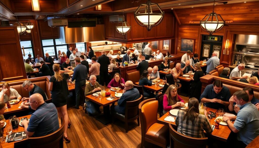 A bustling LongHorn Steakhouse during the best dining times, captured with a wide-angle lens. The interior is warmly lit, highlighting the rich wooden textures and cozy leather booths. Families and friends gather around well-appointed tables, savoring hearty steaks and lively conversation. The atmosphere is inviting, with a touch of rustic elegance. In the background, the open kitchen hums with activity, as skilled chefs prepare signature dishes. The scene conveys the perfect blend of hospitality and culinary excellence that defines the LongHorn dining experience at its most optimal hour.