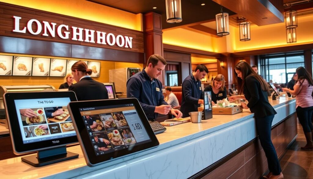 A bustling LongHorn Steakhouse to-go counter, bathed in warm lighting and inviting decor. The counter is adorned with a sleek, modern design, showcasing the restaurant's signature branding. In the foreground, a touchscreen display presents the to-go menu options, allowing customers to seamlessly place their orders. The middle ground features employees in crisp uniforms, efficiently handling takeout orders and packaging them for transport. In the background, a glimpse of the restaurant's signature rustic-chic ambiance, with wooden accents and subtle Western-inspired touches, creating a welcoming atmosphere. The overall scene conveys the convenience and quality of LongHorn's to-go service, catering to the needs of busy customers.