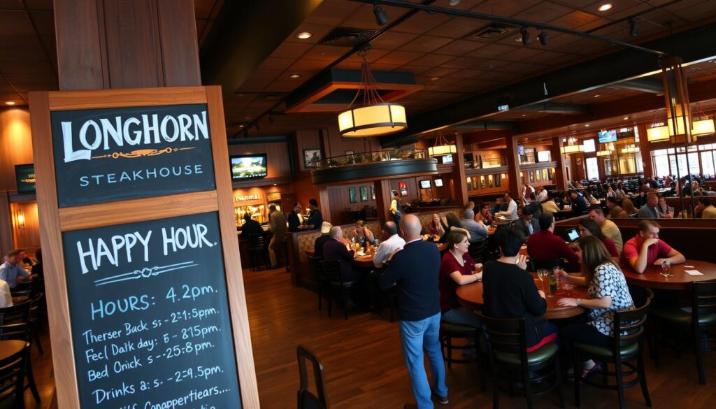 A bustling Longhorn Steakhouse restaurant, with its iconic Western-inspired decor and warm lighting, taking center stage. In the foreground, a large chalkboard display showcasing the happy hour menu and hours, inviting patrons to enjoy discounted drinks and appetizers. The middle ground features customers mingling at the bar, sipping on craft cocktails and sharing laughter. In the background, a panoramic view of the restaurant's various seating areas, each with its own cozy ambiance. The scene is captured with a wide-angle lens, emphasizing the expansive nature of the establishment and the welcoming atmosphere that embodies the Longhorn Steakhouse brand.