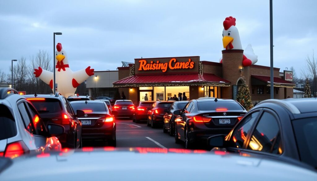A bustling Raising Cane's drive-thru during the holiday season. In the foreground, a long line of cars snakes through the parking lot, their headlights casting a warm glow. Employees in festive uniforms cheerfully greet customers and hand out orders through the windows. In the middle ground, the restaurant's exterior is adorned with twinkling lights and a giant inflatable chicken mascot, creating a festive atmosphere. In the background, a cloudy winter sky sets the stage, hinting at the chill in the air. The scene conveys the convenience and holiday cheer of Raising Cane's drive-thru service during the busiest time of year.