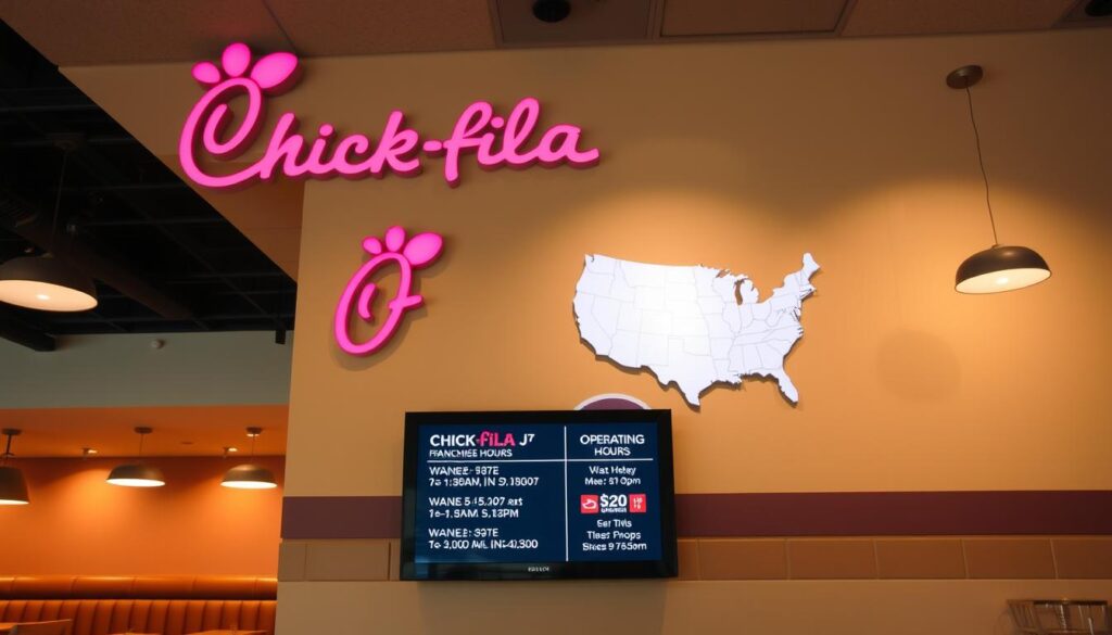 A chic fast-food restaurant interior, with a prominent Chick-fil-A logo on the wall. The lighting is warm and inviting, casting a soft glow over the diverse seating arrangements. In the foreground, a digital display showcases the varying operating hours for different Chick-fil-A locations, highlighting the regional differences in service. The background features a stylized map of the United States, with state borders and icons indicating the various Chick-fil-A franchises and their unique schedules. The overall atmosphere conveys a sense of accessibility and adaptability, reflecting the brand's commitment to meeting the needs of its diverse customer base.