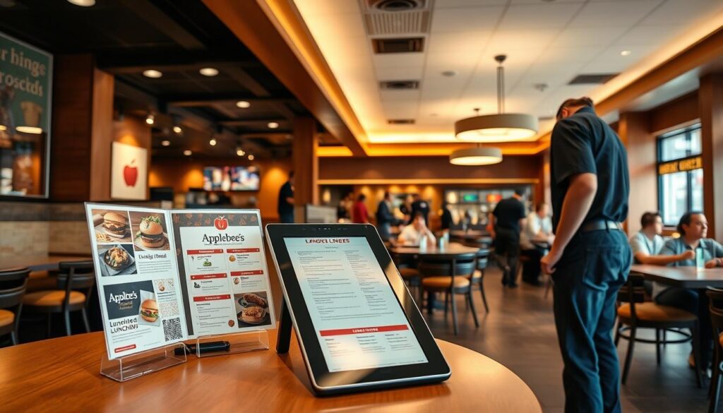 A contemporary, well-lit interior scene of an Applebee's restaurant. In the foreground, a table showcases the lunchtime ordering options, including a laminated menu, a touchscreen ordering kiosk, and a server standing nearby, ready to assist. The middle ground features the bustling restaurant environment, with other diners enjoying their meals and servers moving swiftly between tables. The background depicts the warm, inviting ambiance of the Applebee's space, with wood accents, comfortable seating, and soft lighting overhead. The scene conveys a sense of convenience, efficiency, and the wide variety of lunchtime choices available to Applebee's customers.