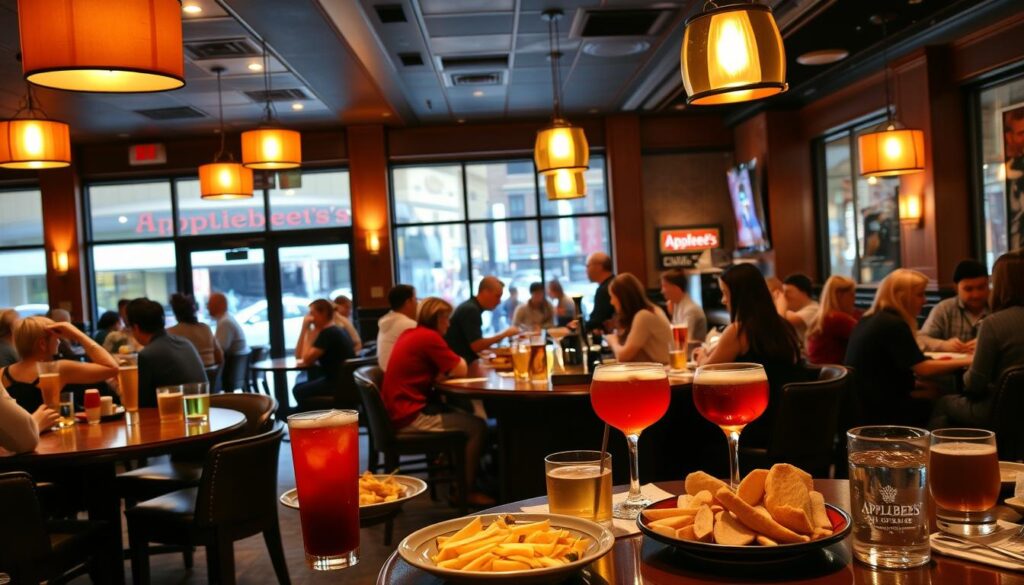 A cozy Applebee's restaurant interior, lit by warm pendant lighting and filled with patrons enjoying happy hour specials. In the foreground, a table displays a variety of appetizers and drinks, with colorful cocktails and craft beers. The middle ground features the bar area, with bartenders expertly mixing drinks and servers circulating. In the background, large windows offer a view of a busy city street, creating a lively, inviting atmosphere. The overall scene conveys the welcoming, social vibe of Applebee's happy hour promotions.