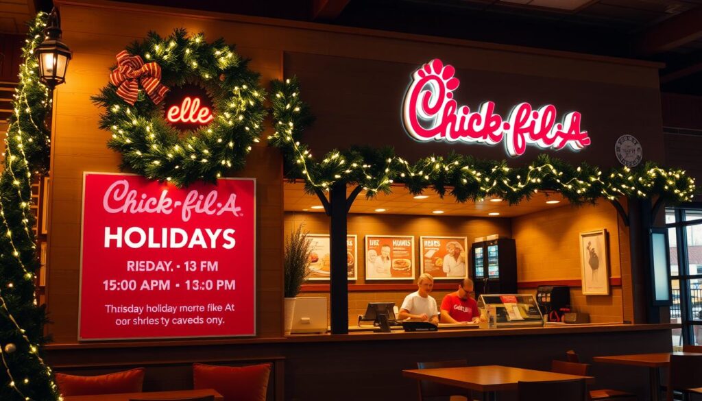 A cozy and festive Chick-fil-A restaurant, adorned with twinkling holiday lights and a wreath-framed sign displaying the holiday hours. The interior is warm and inviting, with wooden accents and comfortable seating. The counter is staffed by friendly employees, ready to serve up delicious holiday-themed menu items. The scene is bathed in a soft, golden glow, creating a welcoming and cheerful atmosphere perfect for the holiday season. The image is shot from a slightly elevated angle, capturing the entire scene in sharp focus and warm, natural lighting.