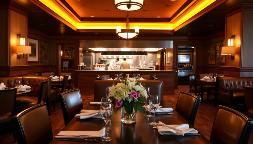 A cozy and inviting LongHorn Steakhouse dining room, bathed in warm, golden lighting. In the foreground, a well-set table with place settings, napkins, and a centerpiece of fresh flowers. The middle ground features plush leather booths and wooden accents, creating a rustic yet sophisticated ambiance. In the background, glimpses of the open kitchen with chefs skillfully preparing signature steaks. The atmosphere exudes a welcoming and relaxed vibe, perfect for an enjoyable dining experience.