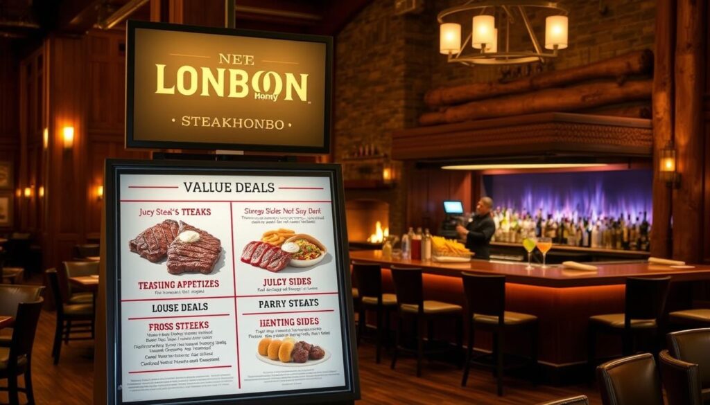 A cozy and inviting LongHorn Steakhouse interior, with warm lighting casting a golden glow over the rustic wooden decor. In the foreground, an elegant display showcases a variety of value deals and combo options, featuring juicy steaks, hearty sides, and tempting appetizers. The middle ground features a well-stocked bar, with a bartender preparing refreshing cocktails. In the background, a large fireplace crackles, creating a comfortable and relaxed atmosphere. The overall scene conveys a sense of quality, value, and the signature LongHorn Steakhouse dining experience.