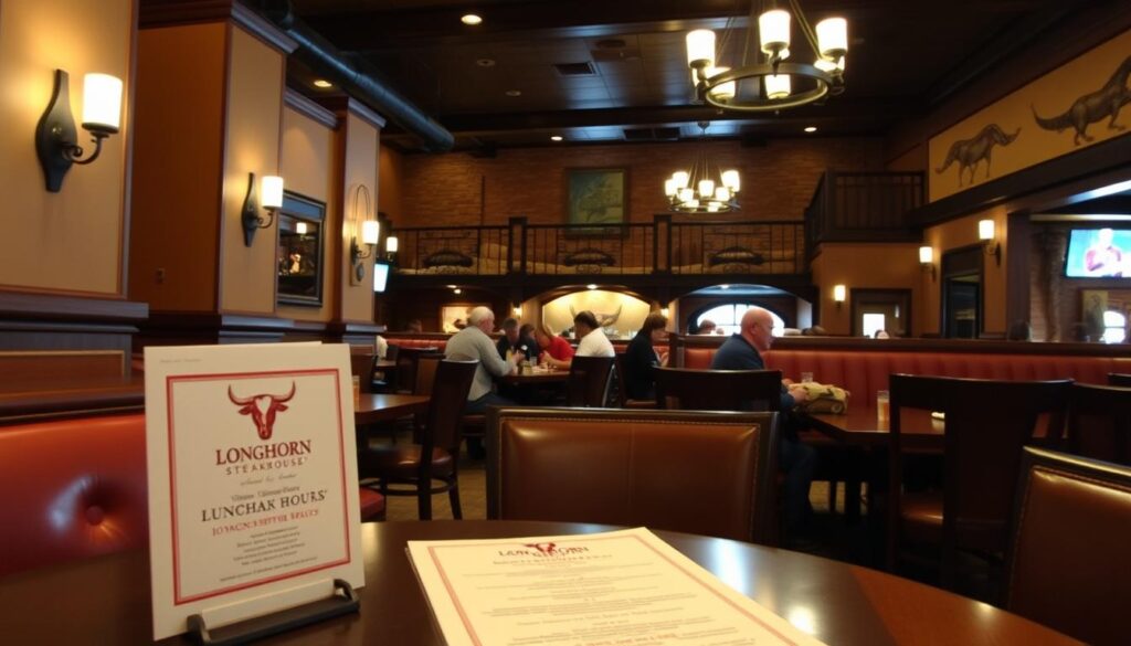 A cozy and inviting interior of a LongHorn Steakhouse restaurant, focused on the lunch service hours. Warm, earthy tones throughout, with natural wood accents and leather seating. Soft, diffused lighting creates a welcoming ambiance. In the foreground, a simple table setting with a menu prominently displayed, hinting at the delectable lunch offerings. The middle ground features patrons dining, engaged in conversation, enjoying their meals. In the background, the restaurant's iconic Western-inspired decor and architecture subtly frames the scene, conveying the brand's rustic charm. An appetizing yet relaxed atmosphere, perfect for a midday reprieve.