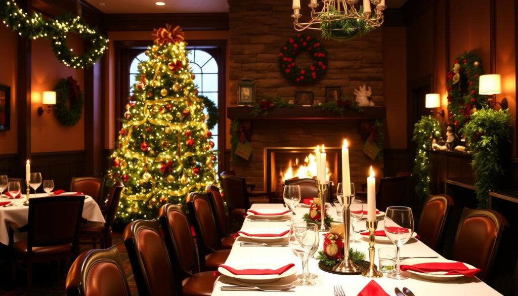 A cozy dining room with warm lighting and festive decor at LongHorn Steakhouse on Christmas Day. A large Christmas tree adorned with twinkling lights and ornaments stands in the corner. Garlands and wreaths hang from the walls, creating a welcoming ambiance. The table is set with elegant white plates, red napkins, and gold-rimmed stemware. Candles flicker on the tabletop, casting a soft glow. A roaring fireplace in the background adds to the inviting atmosphere. The overall scene conveys a sense of comfort and holiday cheer, perfect for a memorable Christmas dining experience at LongHorn Steakhouse.