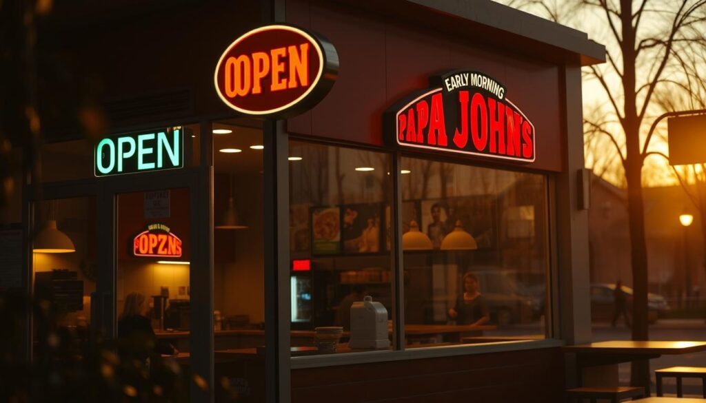 A cozy early morning scene at a Papa John's restaurant, with warm lighting and a soft, inviting atmosphere. The storefront is bathed in the gentle glow of the dawn, the "OPEN" sign flickering to life. Inside, the counters are neatly set, awaiting the first customers of the day. The aroma of freshly baked pizza and fragrant coffee fills the air, enticing passersby to step in and enjoy the "Early Bird Specials." The scene conveys a sense of anticipation and the promise of a delicious start to the day.