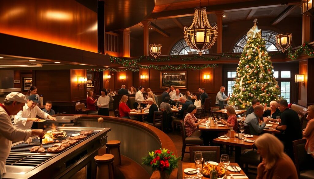 A cozy interior of LongHorn Steakhouse on Christmas Eve, with warm ambient lighting casting a soft glow. In the foreground, a bustling open kitchen with chefs expertly grilling succulent steaks, the sizzling and aromas filling the air. In the middle ground, families and friends gathered around wooden tables, enjoying hearty meals and lively conversations. The background features elegant holiday decor - garlands, twinkling lights, and a large Christmas tree adorned with shimmering ornaments. The atmosphere is lively yet inviting, with attentive servers ensuring a memorable dining experience for the peak holiday crowd.
