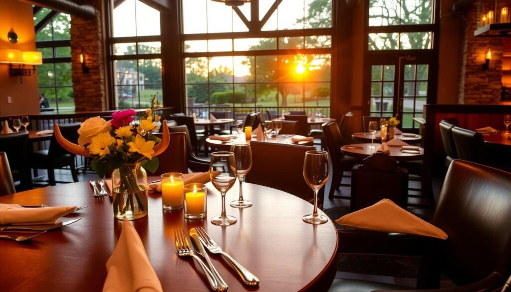 A cozy, inviting scene of a Sunday dining experience at LongHorn Steakhouse. In the foreground, a wooden table set with crisp white linens, polished silverware, and a vase of fresh flowers. Warm lighting from sconces and candlelight creates a soft, intimate ambiance. In the middle ground, a glimpse of the restaurant's rustic, ranch-inspired decor - exposed beams, stone accents, and leather upholstery. The background features large windows overlooking a serene outdoor patio, where lush greenery and a setting sun paint the scene with a golden glow. The overall atmosphere evokes a sense of relaxation, indulgence, and the perfect Sunday retreat.