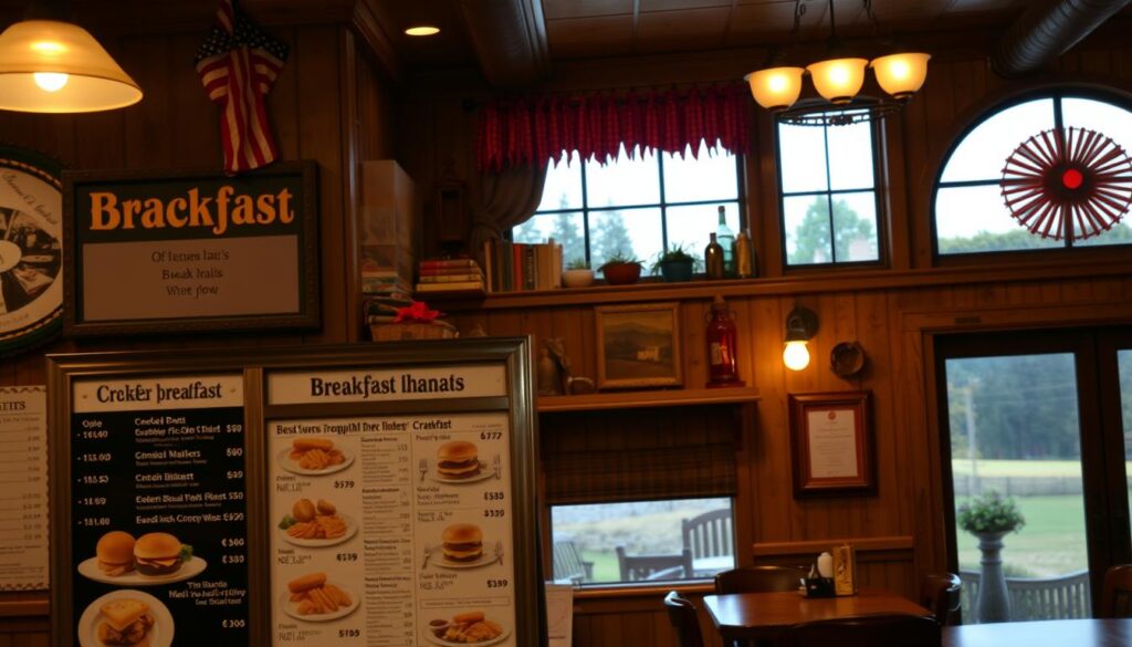 A cozy, rustic diner interior with warm lighting and a homely atmosphere. In the foreground, a menu board displays the breakfast offerings at Cracker Barrel, showcasing various mouthwatering items with their prices and value deals. The middle ground features a wood-paneled wall adorned with vintage Americana decor, setting the quintessential Cracker Barrel ambiance. The background subtly hints at the restaurant's charming countryside setting, with a glimpse of a picturesque landscape through a large window. The overall composition conveys the inviting and affordable breakfast experience that Cracker Barrel is known for.