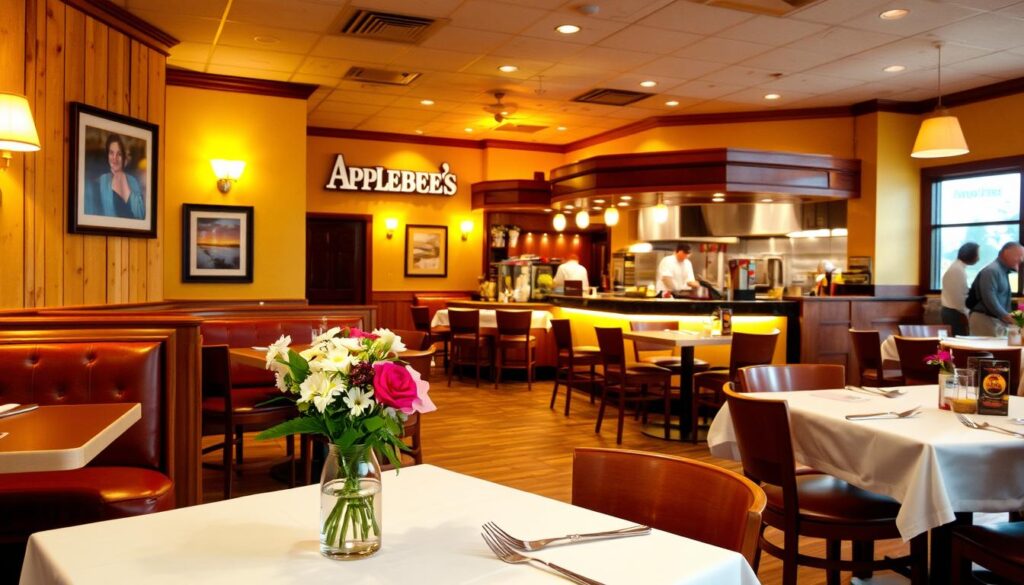 A cozy, well-lit Applebee's dining room, with warm yellow lighting illuminating the tables and booths. The walls are adorned with rustic wooden panels and framed artwork, creating a welcoming, casual atmosphere. In the foreground, a table is set with a crisp white tablecloth, silverware, and a vase of fresh flowers, inviting diners to enjoy a delightful breakfast. The middle ground features the restaurant's signature bar area, with a gleaming counter and stools, while the background showcases the kitchen, bustling with activity as chefs prepare the morning's menu. The overall scene conveys the inviting ambiance of an Applebee's establishment during its breakfast hours.