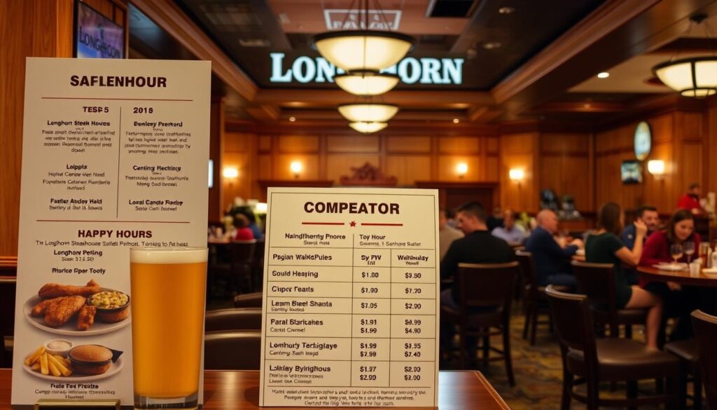 A cozy, well-lit Longhorn Steakhouse interior with a prominent bar and dining area. In the foreground, a comparative display of happy hour menu items from Longhorn and its competitors, showcasing the variety and value of Longhorn's offerings. The middle ground features a group of diners enjoying their meals and drinks, creating a lively, convivial atmosphere. The background includes warm, wood-paneled walls, soft lighting, and subtle branding elements that reinforce the Longhorn Steakhouse brand. The overall scene conveys a sense of comfort, quality, and a compelling reason to visit Longhorn during their happy hour.