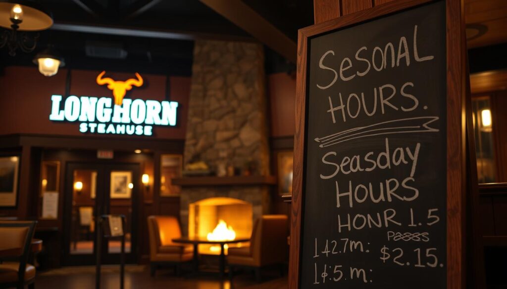A cozy, well-lit interior of a LongHorn Steakhouse restaurant on a Sunday evening. The front entrance is visible, with the iconic LongHorn logo and signage illuminated in a warm, inviting glow. The main dining area features rustic wood paneling, leather booth seating, and a central fireplace casting a soft, flickering light. In the foreground, a chalkboard menu board displays the "Seasonal Sunday Hours" with hand-written details. The atmosphere is relaxed and inviting, capturing the essence of a Sunday gathering at this classic American steakhouse.