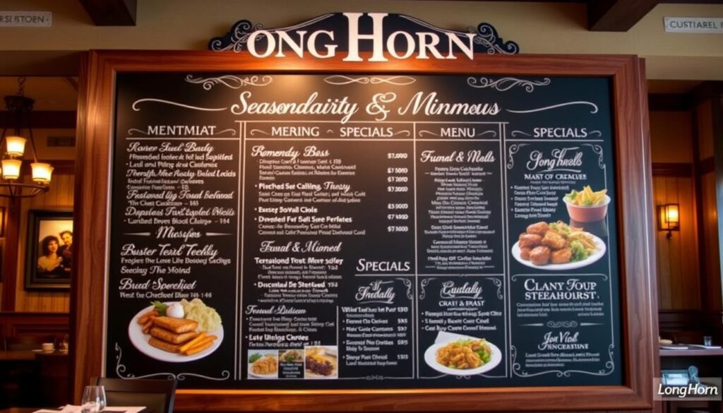 A crisp, well-lit photograph of a LongHorn Steakhouse seasonal menu board, showcasing the various dishes and promotions available. The menu is displayed on a large chalkboard-style board, with elegant cursive lettering and decorative flourishes. The background is a warm, inviting interior with wooden accents and soft lighting, evoking the classic steakhouse ambiance. The image captures the seasonality and specials in a visually appealing and appetizing manner, highlighting the key menu items that the article will focus on. The composition is balanced, with the menu board taking center stage, and the overall scene conveying a sense of rustic sophistication.