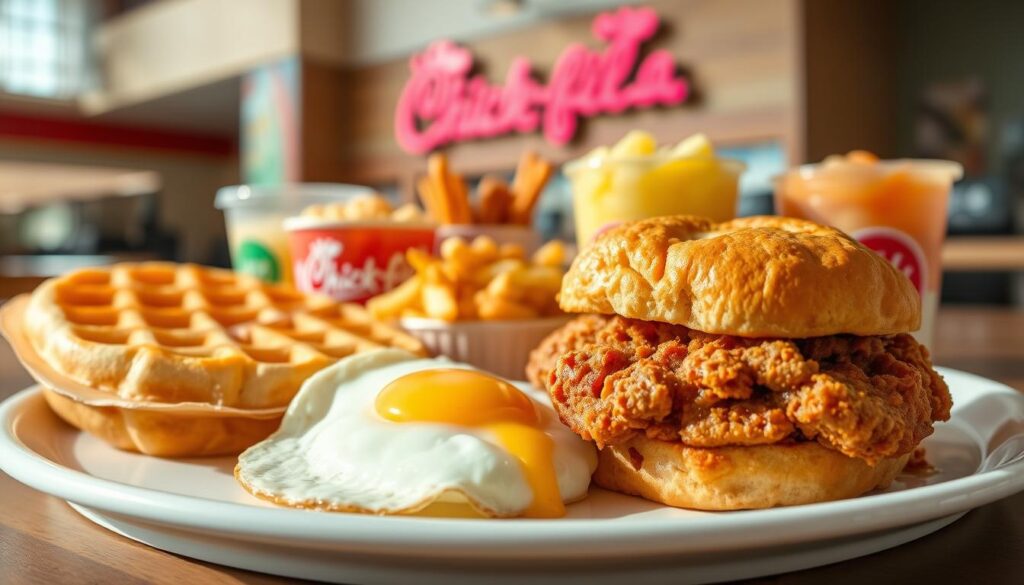 A delectable arrangement of Chick-fil-A's most popular breakfast menu items, captured under warm, natural lighting and shot with a high-quality lens at an angle that emphasizes the freshness and appeal of the dishes. In the foreground, a juicy, golden-brown chicken biscuit takes center stage, complemented by a fluffy, buttery waffle and a perfectly cooked, glistening egg. In the middle ground, a selection of hash browns and a refreshing fruit cup add vibrant pops of color, while the background features the iconic Chick-fil-A branding and a clean, inviting restaurant atmosphere. The overall scene exudes a mouthwatering, appetizing mood, perfectly suited to showcase the alluring highlights of Chick-fil-A's breakfast menu.