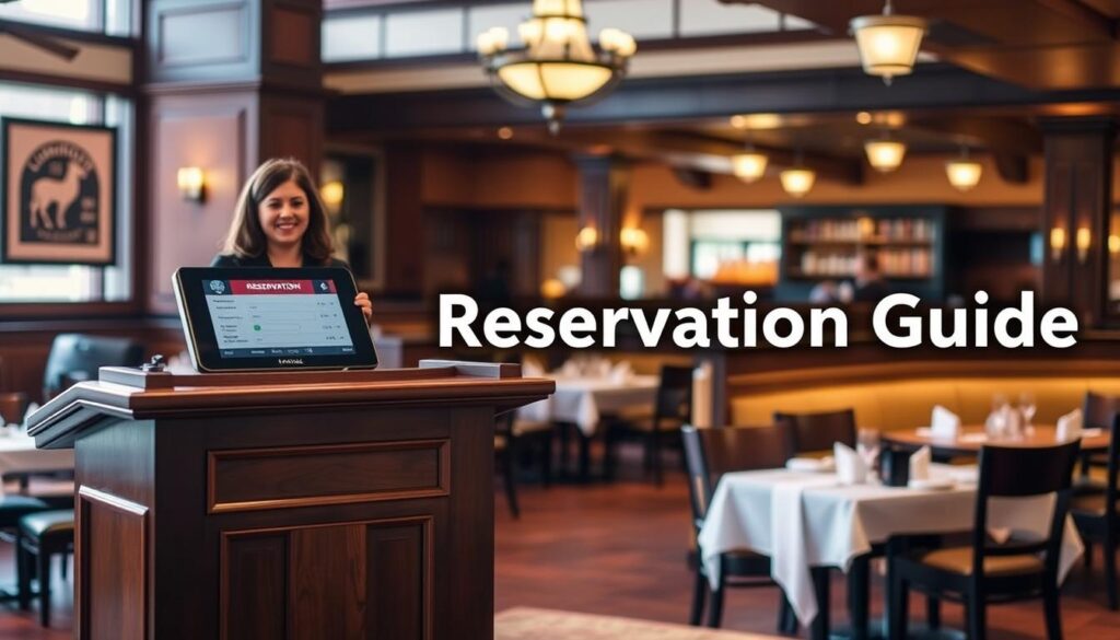 A detailed, high-quality photograph of a LongHorn Steakhouse reservation guide. The foreground features an elegant wooden podium with a clean, modern design, showcasing a digital reservation display and a friendly hostess greeting guests. The middle ground depicts a warm, inviting restaurant interior with tasteful decor, comfortable seating, and subtle lighting. The background subtly highlights the restaurant's signature Western-inspired aesthetic, with rustic accents and a sense of rustic charm. The overall atmosphere conveys an upscale, yet approachable dining experience, setting the stage for the "Reservation Policies and Wait Times" section of the article.