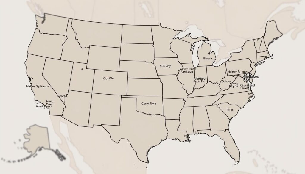 A detailed map of the United States, with the Cracker Barrel restaurant locations highlighted according to their regional opening hours. The map is rendered in a clean, minimalist style, with muted colors and a focus on clarity of information. The foreground showcases the regional variations, with different shades or icons denoting the various opening time ranges. The middle ground provides context, with state boundaries and major geographical features visible. The background is a softly blurred topographical representation, allowing the key data to take center stage. The overall mood is informative and practical, designed to help readers easily grasp the regional patterns in Cracker Barrel's opening times.