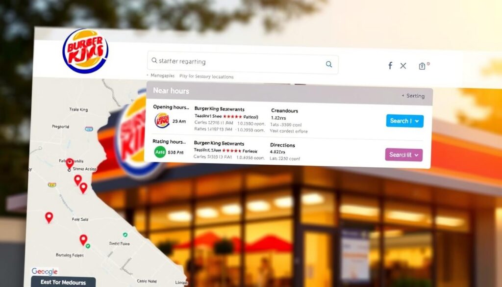 A detailed, realistic image of the Burger King restaurant locator website, showcasing a clean, intuitive interface. The foreground features a large search bar and a map with highlighted Burger King locations. The middle ground displays a list of nearby restaurants with opening hours, ratings, and directions. The background has a soft, blurred image of a Burger King exterior, bathed in warm, natural lighting, creating a welcoming atmosphere. The overall composition is balanced, with a focus on ease of use and accessibility, reflecting the section title "Finding Your Local Burger King's Schedule".