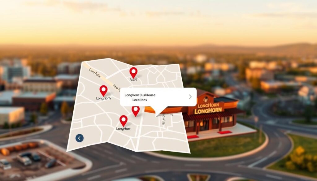 A detailed, realistic map illustration of a LongHorn Steakhouse location finder interface. The foreground features a stylized map interface with zooming and panning controls, search bar, and markers indicating nearby LongHorn restaurant locations. The map has a clean, minimal aesthetic with crisp vector graphics. The middle ground shows a 3D rendered model of a LongHorn Steakhouse building with a warm, inviting exterior. The background depicts a softly blurred cityscape or landscape setting with buildings, roads, and natural elements. Realistic lighting, with a golden-hour glow and long shadows, creates a welcoming, high-quality ambiance. The overall scene conveys a sense of usefulness, accessibility, and brand recognition for the LongHorn Steakhouse chain.