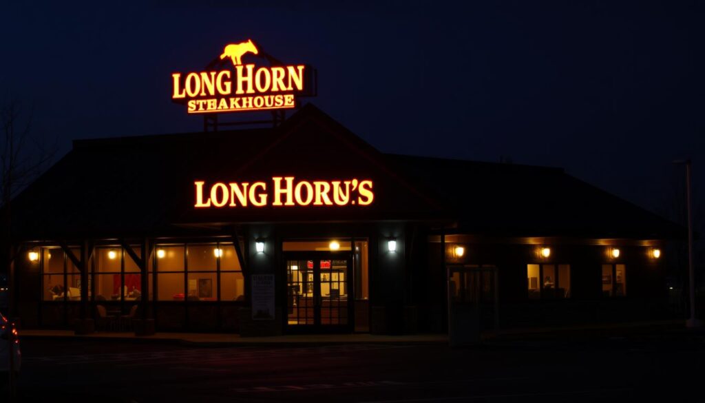 A dimly lit LongHorn Steakhouse exterior at dusk, with the restaurant's iconic neon sign glowing warmly against the fading daylight. In the foreground, the glass-paneled entrance is framed by wrought-iron details, hinting at the rustic, Western-inspired ambiance within. The parking lot is mostly empty, save for a few stray cars, conveying the sense of the restaurant winding down its operations for the day. Warm, golden lighting spills out from the windows, creating a cozy, inviting atmosphere. The overall scene evokes the calm and tranquility of a restaurant closing for the evening, ready to welcome diners back the next day.