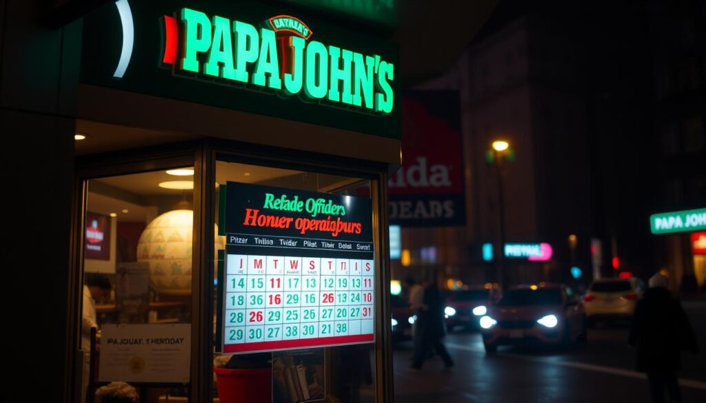 A dimly lit Papa John's storefront at night, its neon sign casting a warm glow. The display window showcases a calendar highlighting the restaurant's seasonal operating hours, with variations in red and green text for the holidays. The background is a blurred city street scene, with passing cars and pedestrians creating a sense of movement. The overall atmosphere is one of cozy familiarity, inviting customers to explore the changes in Papa John's availability during the festive season.