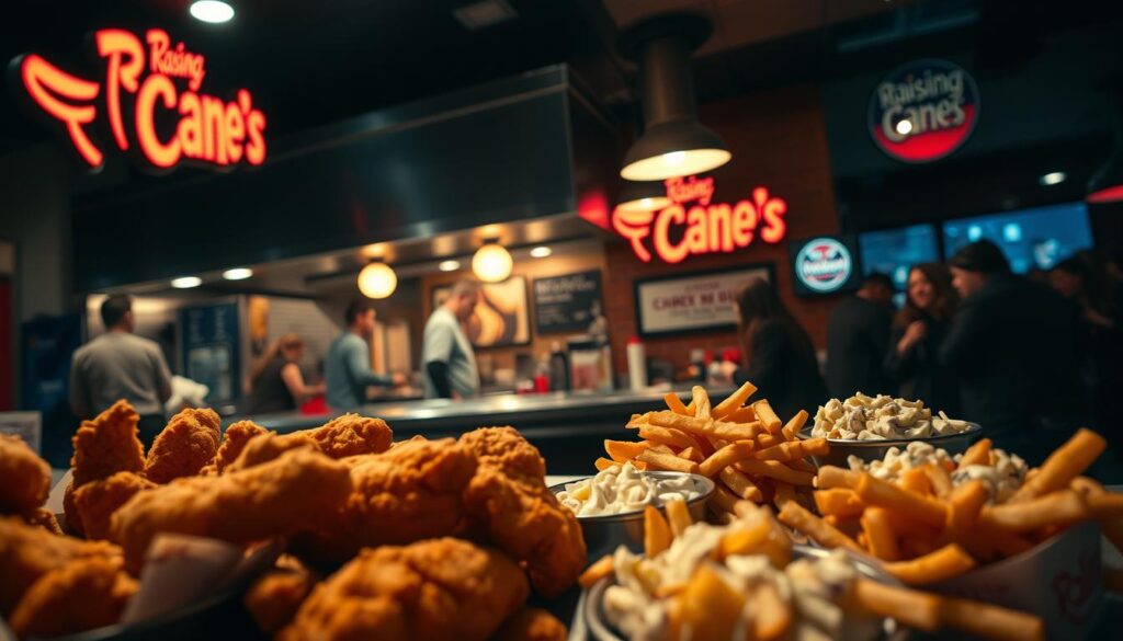 A dimly lit Raising Cane's restaurant at midnight, the counter illuminated by warm lighting. In the foreground, an array of late night dining options - crispy chicken tenders, crinkle-cut fries, and creamy coleslaw, all glistening under the soft glow. The middle ground features the bustling kitchen, chefs skillfully preparing orders as the aroma of fried chicken fills the air. In the background, a few tired-yet-satisfied customers linger, enjoying their late-night feast in the cozy, intimate atmosphere. The scene is captured through a wide-angle lens, with a shallow depth of field that focuses the viewer's attention on the mouthwatering food. The overall mood is one of comfort, indulgence, and the joy of satisfying a late-night craving.