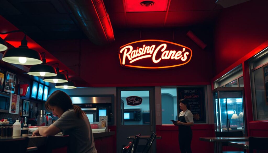 A dimly lit, cozy late-night diner scene with the neon glow of the Raising Cane's logo casting a warm ambiance. In the foreground, a customer in casual attire leans on the counter, intently studying the menu, while a friendly server waits patiently to assist. The background showcases the restaurant's signature red-and-white color scheme, with subtle details like condiment stations and a vintage-inspired chalkboard displaying the daily specials. The lighting is a combination of soft, diffused overhead fixtures and the subtle shimmer of the neon sign, creating a welcoming atmosphere for those seeking a late-night chicken finger fix.