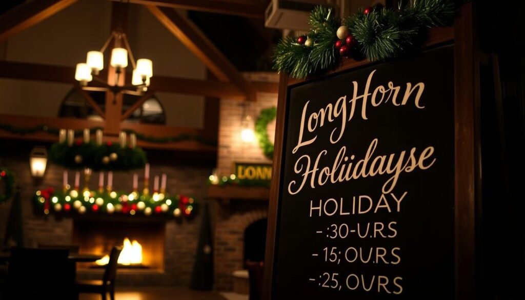 A dimly lit restaurant interior, the warm glow of a fireplace casting a cozy ambiance. In the foreground, a large chalkboard sign displays the "LongHorn Steakhouse Holiday Hours" in elegant calligraphic script, the text softly illuminated. The background features a mix of rustic wooden beams, exposed brick walls, and festive holiday decorations, creating a welcoming and inviting atmosphere. The scene is captured with a shallow depth of field, highlighting the focal point of the holiday hours sign while subtly blurring the surrounding details.