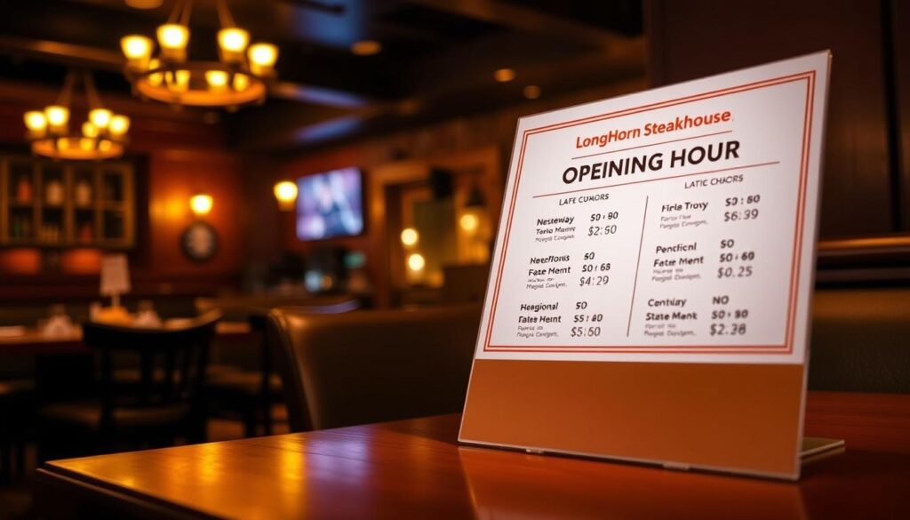 A dimly lit restaurant interior, the warm glow of lanterns illuminating a wooden table. On the table, a neatly arranged display showcasing regional variations in LongHorn Steakhouse opening hours, with clean typography and subtle visual cues. In the background, a blurred view of the restaurant's iconic decor and ambiance, hinting at the brand's distinct atmosphere. The scene conveys a sense of carefully curated information, reflecting the attention to detail and regional adaptations of this steakhouse chain.