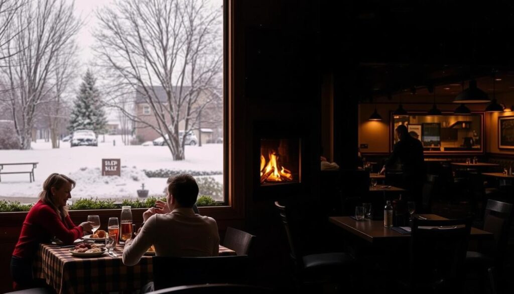 A festive scene of alternative dining options during Applebee's holiday closures. In the foreground, a cozy home setting with a family gathered around a table, enjoying a home-cooked meal. In the middle ground, a snowy outdoor landscape with a crackling fireplace visible through a window. In the background, a dimly lit restaurant interior, empty but for a solitary server cleaning up. Soft, warm lighting bathes the scene, creating a sense of comfort and togetherness. The atmosphere is one of holiday cheer and cherished traditions, both at home and in the community.