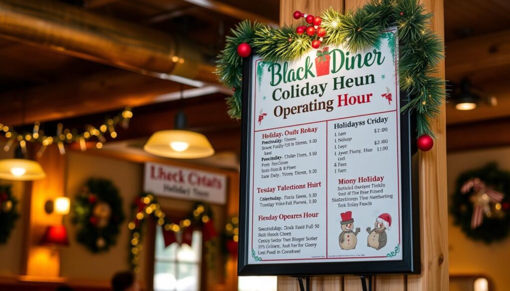 A festively decorated holiday menu board showcasing the special operating hours of the Black Bear Diner. The board is prominently displayed in the cozy, rustic-styled diner interior, surrounded by warm lighting and natural wood accents. The menu features details about the diner's holiday schedule, including dates and times it will be open, potentially with holiday-themed icons or imagery. The overall atmosphere conveys a welcoming, family-friendly ambiance perfect for holiday dining.