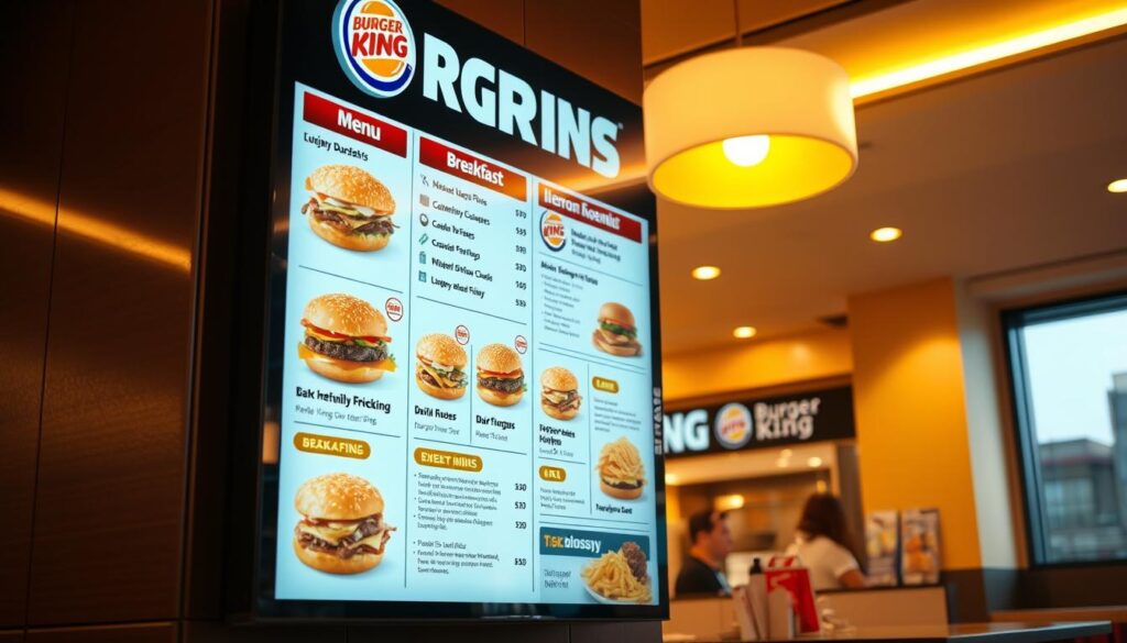 A high-quality, detailed image of a Burger King breakfast menu, showcased in a warm, inviting atmosphere. The menu is prominently displayed on a large digital screen, presenting various breakfast offerings with their mouthwatering descriptions. The scene is lit by a soft, golden glow, casting a cozy ambiance over the sleek, modern Burger King interior. The menu items are captured in sharp focus, emphasizing their visual appeal, while the background blurs subtly, keeping the attention on the main subject. The overall composition conveys a sense of anticipation and appetite, perfectly suited to illustrate the "Breakfast Hours and Menu Availability" section of the article.