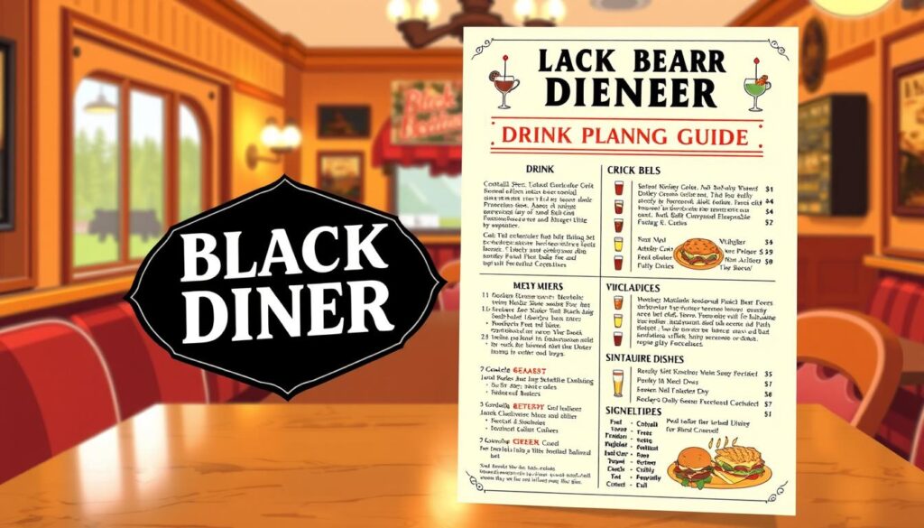 A high-quality, highly detailed illustration of a "Black Bear Diner Drink Planning Guide" in the style of a vintage restaurant menu or brochure. The guide is set against a warm, inviting atmosphere with wooden accents and rustic decor, capturing the cozy ambiance of the diner. The foreground features a prominent drink menu with a variety of cocktails, beers, and non-alcoholic beverages neatly arranged and described, accompanied by stylized icons or illustrations. The middle ground showcases the diner's signature dishes to complement the drink options. The background features a softly blurred view of the diner's interior, with subtle lighting and subtle hints of the diner's branding and design elements. The overall composition conveys a sense of planning and preparation for a memorable dining and drinking experience at the Black Bear Diner.