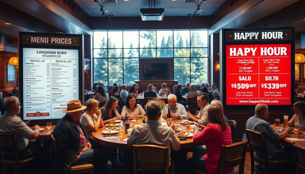 A lively, brightly lit dining room at Longhorn Steakhouse, with a large central table showcasing various menu items. On the left, a menu board displays the regular prices, while on the right, a separate menu board highlights the discounted Happy Hour offerings. Patrons seated at the table are engaged in lively conversation, creating a warm, welcoming atmosphere. The scene is captured from a slightly elevated angle, providing a clear view of the contrasting pricing information. Soft lighting and carefully composed elements convey the idea of a savvy comparison between regular and Happy Hour deals.